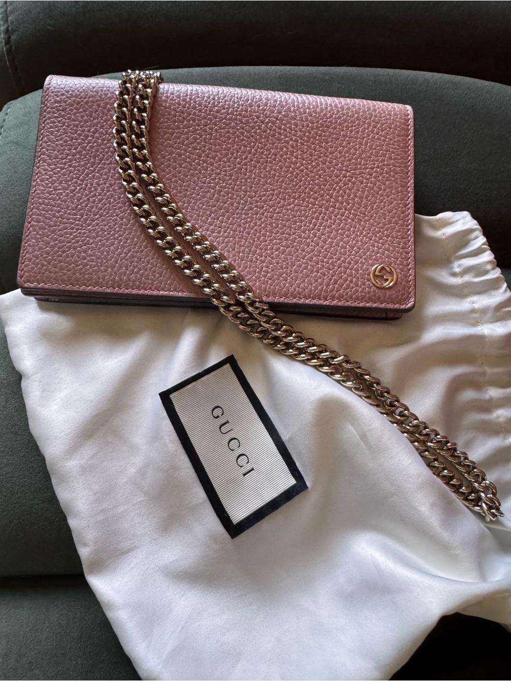 Gucci Pink Pebbled Leather Chain Crossbody Wallet - Authentication Included